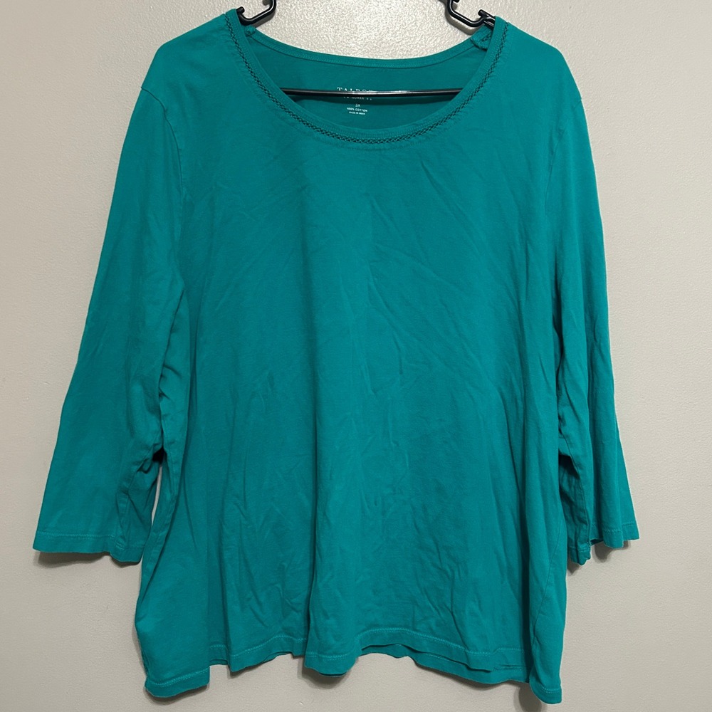 Talbots Blouse 3X Green 3/4 Sleeve Cotton Crochet Coastal Preppy Cottagecore